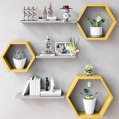 WallWonder Wooden Hanging Floating Haxagon Shape Shelf Showcase 4 Storage Nos-6 yello-gry MDF (Medium Density Fiber) Wall Shelf(Number of Shelves - 6, Multicolor)