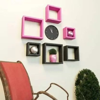 Woodenstories wooden good floating square shape wall shelf for cube shelf MDF (Medium Density Fiber) Wall Shelf(Number of Shelves - 6, Black, Pink)