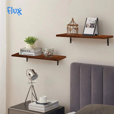 Flux Floating Wooden Wall Mounted Shelf for Living Room Book Shelves for Bedroom Particle Board, Steel Wall Shelf(Number of Shelves - 2, Brown)