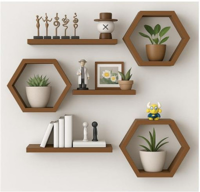 WallWonder Wooden Hanging Floating Haxagon Shape Wall Shelf Showcase 4 Storage Nos-6 Brown MDF (Medium Density Fiber) Wall Shelf(Number of Shelves - 6, Brown)