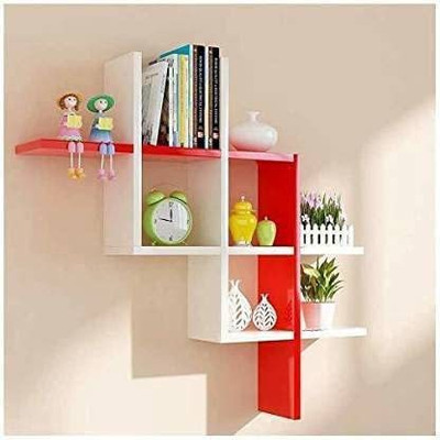 MC Crafthouse Wall Mount New Plus Wall Shelf / Wall Rack Hangings For Home Decor - Red & White MDF (Medium Density Fiber), Wooden Wall Shelf(Number of Shelves - 6, Red, White)