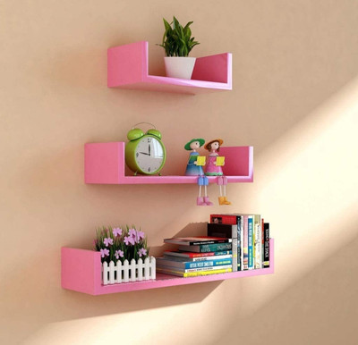 TFS Hanging Floating Wall Mount U Shape Wall Shelf for Home/Living Room Decoration MDF (Medium Density Fiber) Wall Shelf(Number of Shelves - 3, Pink)