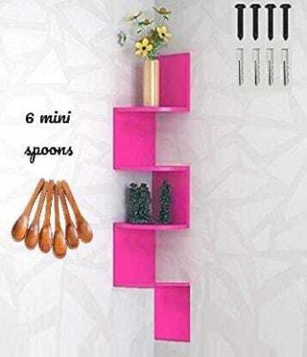 CraftOnline Zigzag Decor Corner Wall Mounted Rack and Shelves 6 mini spoons free Wooden, MDF (Medium Density Fiber) Wall Shelf(Number of Shelves - 4, Pink, Brown)