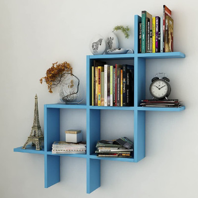 woodinzo Floating Shelves |Rack Hanging Shelf | Wall Mounted Cross Design MDF (Medium Density Fiber) Wall Shelf(Number of Shelves - 6, Blue)