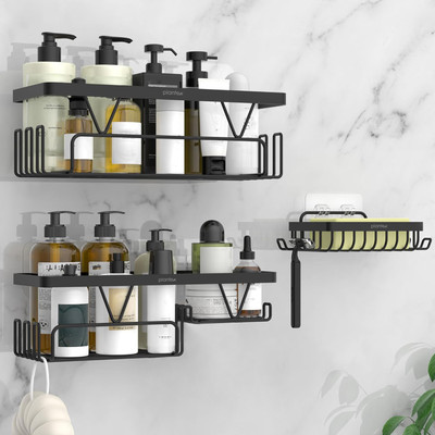 Plantex 2 Piece Shelf and 1 Piece Soap Holder with Hook/Soap Case/Multipurpose Shelf/ Steel Wall Shelf(Number of Shelves - 3, Black)