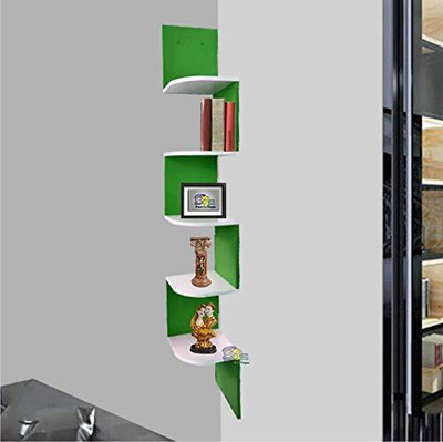 Wold Export Wall shelf Zig zeg shelves corner rack shelf Wooden Wall Shelf(Number of Shelves - 5, Green, White)