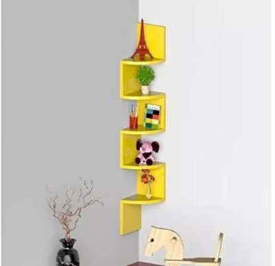 TFS Zigzag Shape Corner Wall Mount Shelf unit / Book Shelf / Wall Decoration MDF (Medium Density Fiber) Wall Shelf(Number of Shelves - 5, Yellow)
