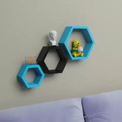 Woodenstories ® wooden Hexagone wall mounted rack shelf for home decor shelf MDF (Medium Density Fiber) Wall Shelf(Number of Shelves - 3, Blue, Black)