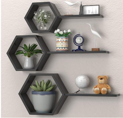 WallWonder Wooden Hanging Floating Haxagon Shape Wall Shelf Showcase 4 Storage Nos-6 Black MDF (Medium Density Fiber) Wall Shelf(Number of Shelves - 6, Black)