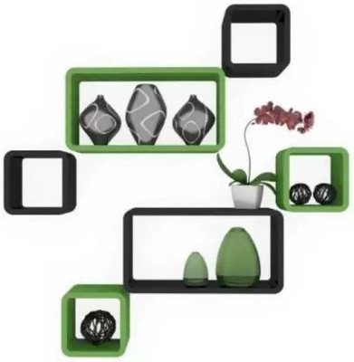 Woodenstories Wooden floating wall mounted set of 6 cube wall shelf MDF (Medium Density Fiber) Wall Shelf(Number of Shelves - 6, Black, Green)