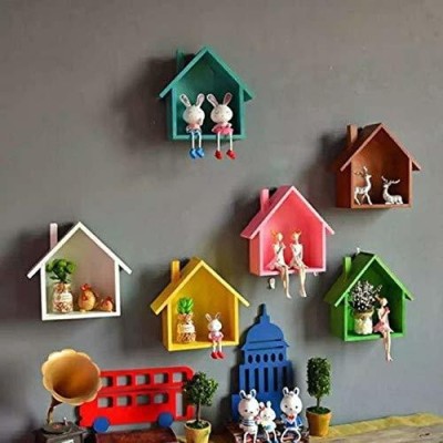 Umar Enterprises Wall shelf Hut Lodge House Shaped Shelf Wall Mounted Wooden Shelves Hut Display / Storage Unit Kids Room Shelf MDF MDF (Medium Density Fiber) Wall Shelf(Number of Shelves - 6, Blue, White, Yellow, Pink, Brown, Green)