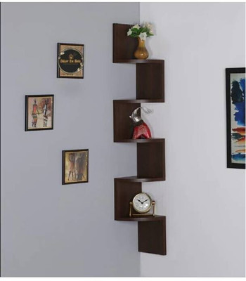 DecorEnBois Corner Zigzag wall Mounted Floating 5 Rack Shelves/Shelf Wooden Home Decor MDF (Medium Density Fiber) Wall Shelf(Number of Shelves - 5, Brown)