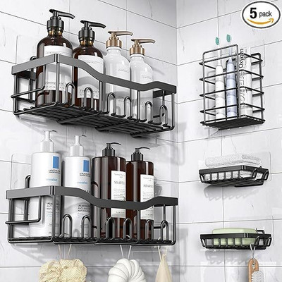 M Y 5 pcs Bathroom Organizer, Self adhesive 5 in 1 Combo for Bathroom Rack Iron Wall Shelf(Number of Shelves - 5, Black)