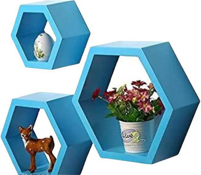 CROWNCRAFTS Decorative Wall Shelf with Hexagon Shape Set of 3 Overhead Storage Shelf Wooden Wall Shelf(Number of Shelves - 3, Blue)