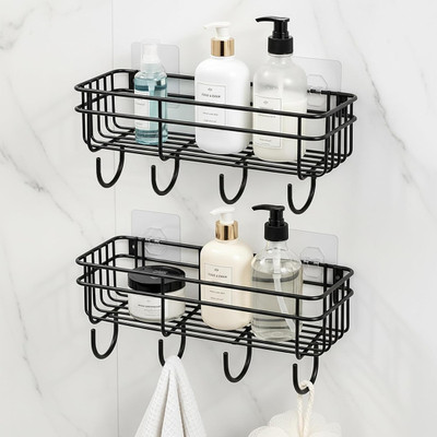 DALUCI Bathroom Organiser Without Drill Self Adhesive Wall Shelf with 4 Hooks GI Steel Aluminium Wall Shelf(Number of Shelves - 2, Black)