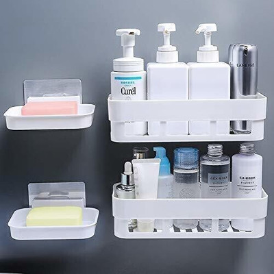 QXORE ABS Plastic Kitchen Hanging Shelf Storage Rack Self Adhesive Traceless Rectangular Box Waterproof Kitchen Bathroom Shelves and Soap Stand Holder Organizer Soap Case Self-adhesive Racks Bathroom Shelf Rack Kitchen Shelf Wardrobe Shelf Traceless Self Adhesive Perfume Rack Plastic Wall Shelf Wall