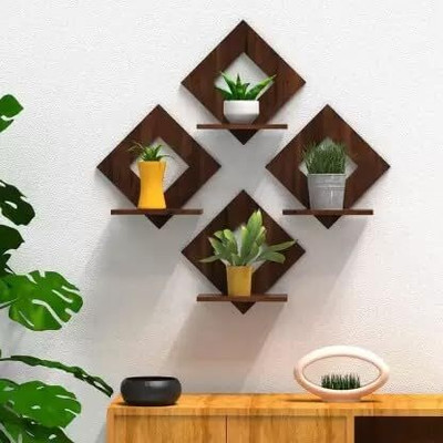 Stalory Walnut Finish Wooden Square Wall Hanging Planter Stand/Plant Shelf Wooden Wall Shelf(Number of Shelves - 4)