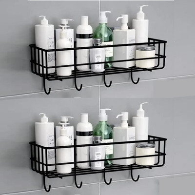 kridha Bathroom rack self with 4 hooks to hang towel and more hanging items Iron Wall Shelf(Number of Shelves - 1, Black)