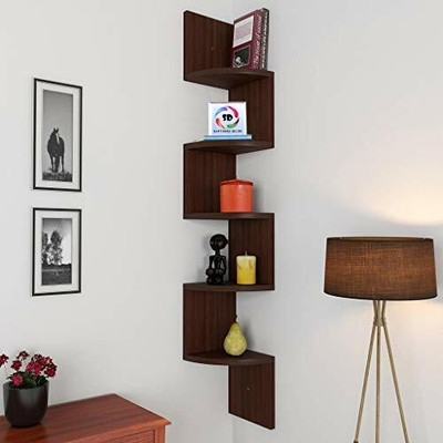 Decorestonia Zigzag Corner Wall Shelf Wall Mount Unit Racks and Wall Shelves Home Decor Wooden Wall Shelf(Number of Shelves - 5, Brown)