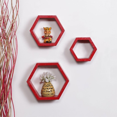 Amaze Shoppee Hexagon Shape Storage Wall Shelves MDF (Medium Density Fiber) Wall Shelf(Number of Shelves - 3, Red)