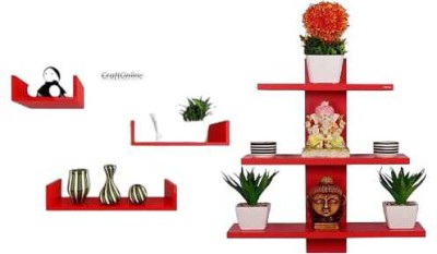 CraftOnline Wooden Wall shelves Pack Of 2 Red Tree Shape with U rack shelf Wooden Wall Shelf(Number of Shelves - 2, Red)