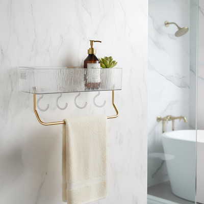 iBELL Waterproof No-Punch Shower Shelf Organizer with Hooks & Towel Rack Plastic Wall Shelf(Number of Shelves - 1, Clear)