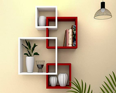 CraftInWood Wooden Intersecting Wall Shelves for Living Room, Bedroom. MDF (Medium Density Fiber) Wall Shelf(Number of Shelves - 4, Red, White)