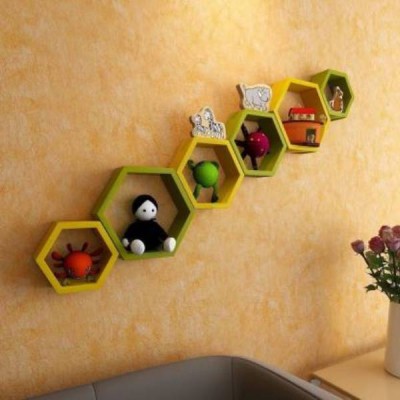 RASTWOOD hexa 6 Wooden Wall Shelf(Number of Shelves - 6, Yellow, Green)