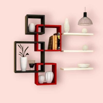 zeecoot INTER F RD&BLK&WHIT Wooden Wall Shelf(Number of Shelves - 7, Multicolor)