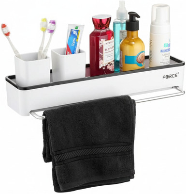 FORCE ABS Plastic White Floating Shelf with Stainless Steel Towel Rod (16 x 4 Inches) Plastic, Stainless Steel Wall Shelf(Number of Shelves - 1, White, Black)