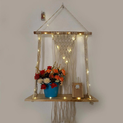 VAH Macrame Knotting Wall Hanging 1 Layer Wall Shelf With LED Light Wooden Wall Shelf(Number of Shelves - 1, Multicolor)