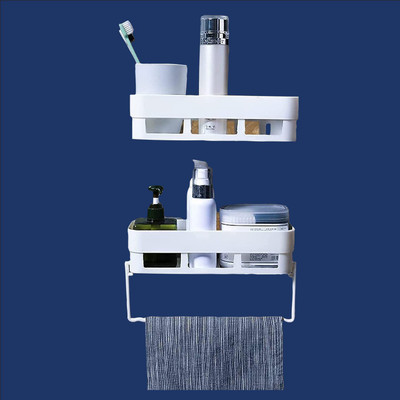 MOSHTU Plastic Rectangular Multipurpose Wall Shelves with Towel Hanger Plastic Wall Shelf(Number of Shelves - 2, White)