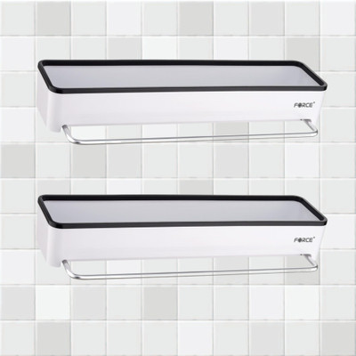 FORCE ABS Plastic White Floating Shelf with (Pack of 2) Towel Rod (16 x 4 Inches) Plastic, Stainless Steel Wall Shelf(Number of Shelves - 2, White, Black)