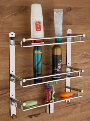 Well Set Multipurpose Bathroom & Double Dish&Tumbler&Soap&Tooth Brush Holder (3 leyar) Stainless Steel Wall Shelf(Number of Shelves - 3, Silver)