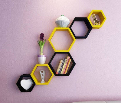 Eco Handicrafts Hexagon Shape Mounted Set Of 6 Rack Shelves/Shelf High Quality Wooden Home Decor Wall Shelf Wooden Wall Shelf (Number of Shelves - 6, BLACK & YELLOW ) Wooden Wall Shelf(Number of Shelves - 6, Black, Yellow)