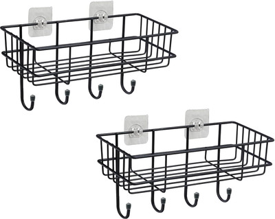 EVANEX EVANEX Multipurpose Wall Mounted Bathroom Shelf with 4 Hooks(Pack of 2) Stainless Steel Wall Shelf(Number of Shelves - 1, Black)