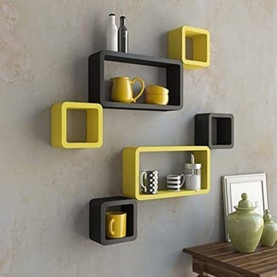 Crownista wooden wall shelf Wooden Wall Shelf (Number of Shelves - 6, Black Yellow Wooden Wall Shelf(Number of Shelves - 6, Black, Yellow)