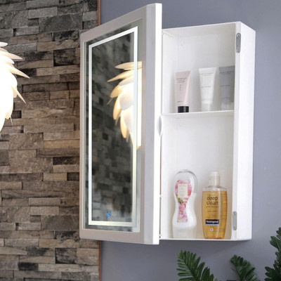 CIPLA PLAST Flora LED Mirror Cabinet Multipurpose Bathroom Cabinet with Door | Flora (White) Polypropylene, Glass Wall Shelf(Number of Shelves - 7, White)