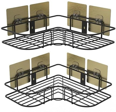 Welkin Self-Adhesive Shelf/Storage Organizer for Bathroom and Kitchen Corner PACK OF 2 Iron Wall Shelf(Number of Shelves - 1, Black)
