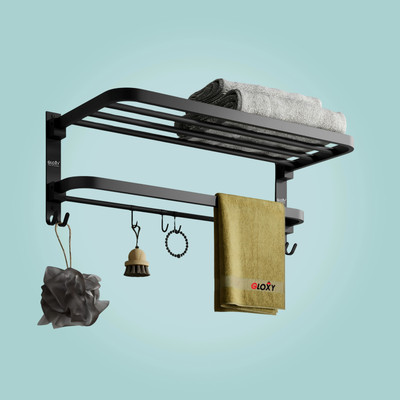 GLOXY Heavy-Duty Foldable Towel Stand | Rack Shelf With Hooks Hanger Towel Holder Stainless Steel Wall Shelf(Number of Shelves - 2, Black)