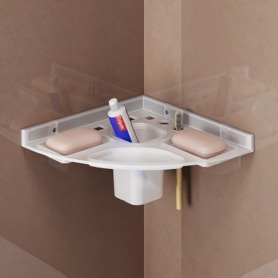 Masteq unbreakable Abs Plastic Bathroom corner Shelf with Double Soap Toothbrush Holder Plastic Wall Shelf(Number of Shelves - 1, White)