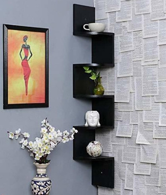 TFS Zigzag Shape Corner Wall Mount Shelf unit / Book Shelf / Wall Decoration MDF (Medium Density Fiber) Wall Shelf(Number of Shelves - 5, Black)
