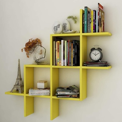 Extend Crafts Wooden Showcase for living room/Foldable book Rack/wooden showcase Wooden Wall Shelf(Number of Shelves - 8, Yellow)