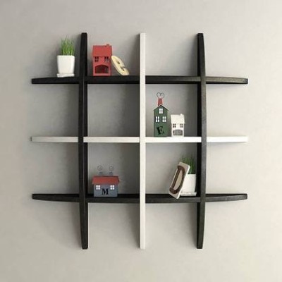 KHUSUBHDECOR wooden wall self Ter rack black white Wooden Wall Shelf(Number of Shelves - 12, Black, White)