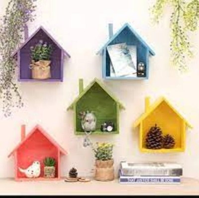 classiconline Wooden Wall Mount HUT SHAPE Wooden Wall Shelf(Number of Shelves - 5, Green, Pink, Blue, Yellow, Purple)