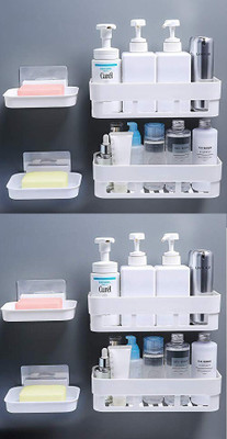 YIXTY Bathroom Shelf Kitchen Shelf Soap Box Stand Combo - Wall Mount Bathroom Accessories for Home Decor with Self Adhesive Sticker - White (Combo Bathroom Shelves 4Pcs+ Soap Stand 4Pcs) Plastic Wall Shelf(Number of Shelves - 8, White)