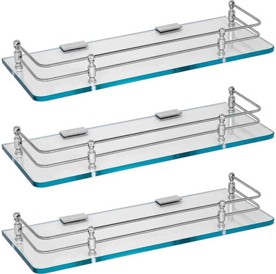 Polco Premium Transparnt Glass Shelf for Bathroom Kitchen Living Room 12x6 Glass Wall Shelf(Number of Shelves - 3, Silver)