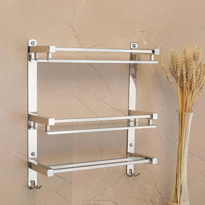 Garbnoire 16x5 Inch Wall Mount Multipurpose 3 Tier Shelf with Towel Holder and Hook,Shalve Stainless Steel Wall Shelf(Number of Shelves - 3, Silver)