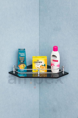STONE 9 x 9 “ Black Glass Diamond Corner-1Pcs /Multi-Purpose Bathroom Glass Wall Shelf(Number of Shelves - 1, Black)