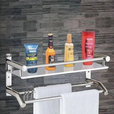 Capital High Grade Stainless Steel Multipurpose 2 Tier Bathroom Shelf with Towel Holder/Towel Hooks/Bathroom Accessories Wall-Mount (Silver) Stainless Steel Wall Shelf(Number of Shelves - 1, Silver)